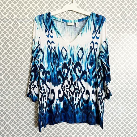CHICO’S Blue & White Ikat Print Tunic Top, Chico’s Size 1 / M - Picture 3 of 7